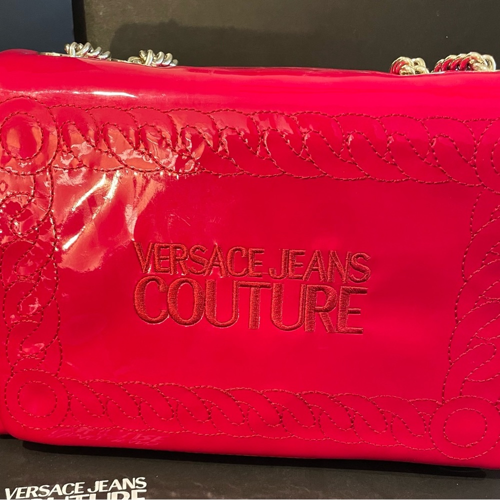 Versace Couture red patent leather bag with silver chain